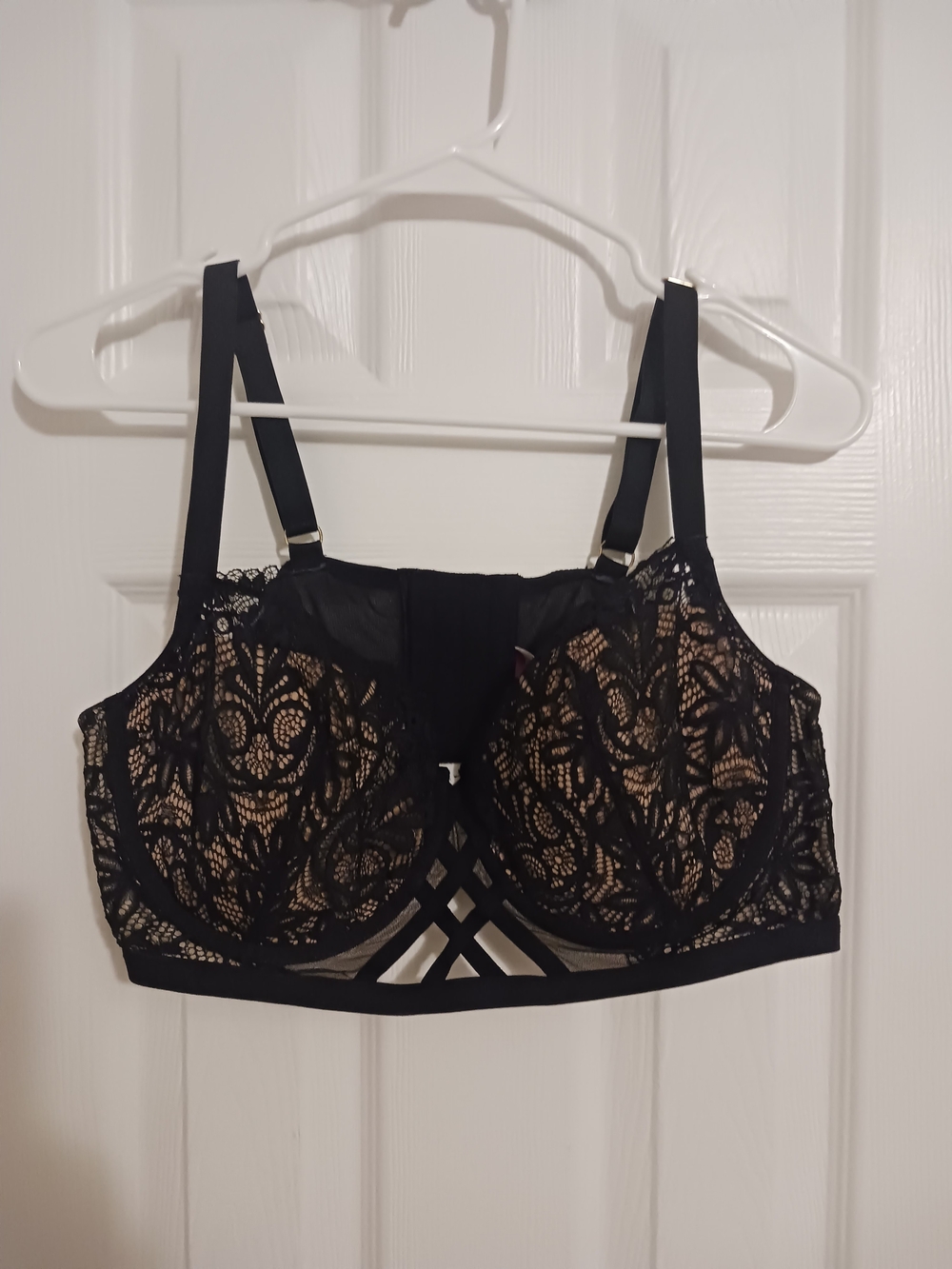 Adore Me Diara Black Lace Longline Bra with Nude Underlay 42C